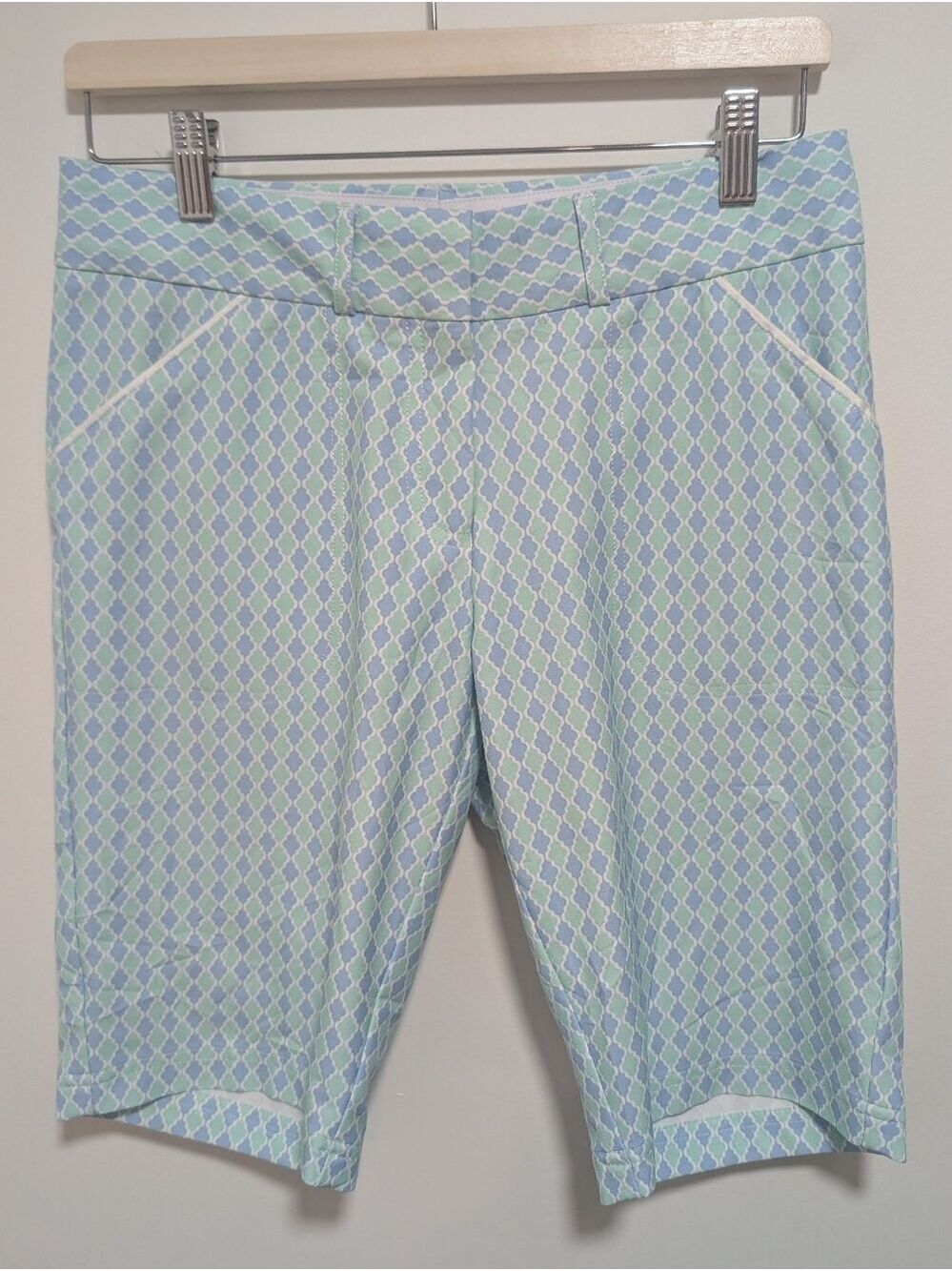Peter Millar | Wicking Geometric Print Golf Bermuda Shorts In Blue Mint Green